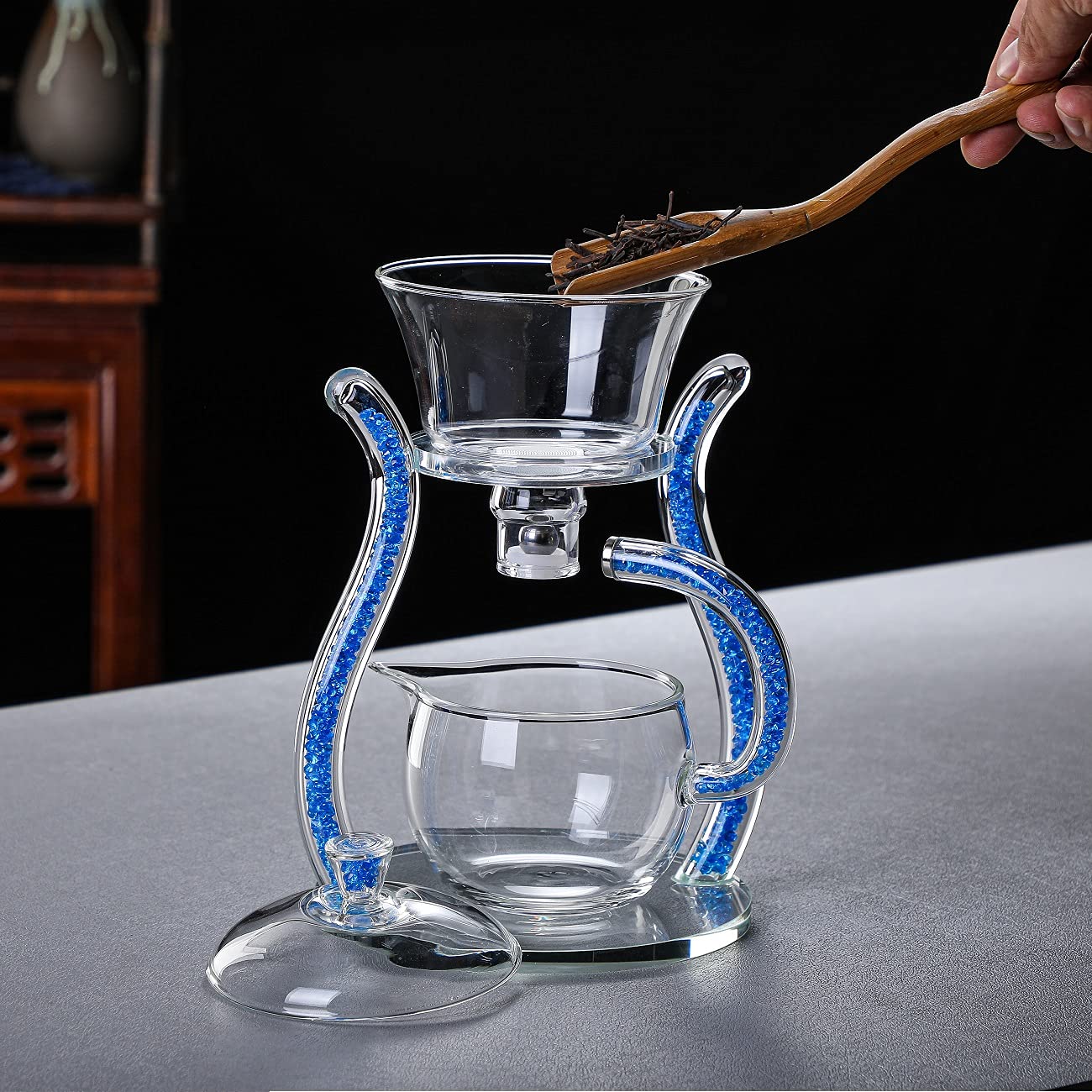 All-in-One Semi-automatic Glass Tea Set with Blue Accents - RORA