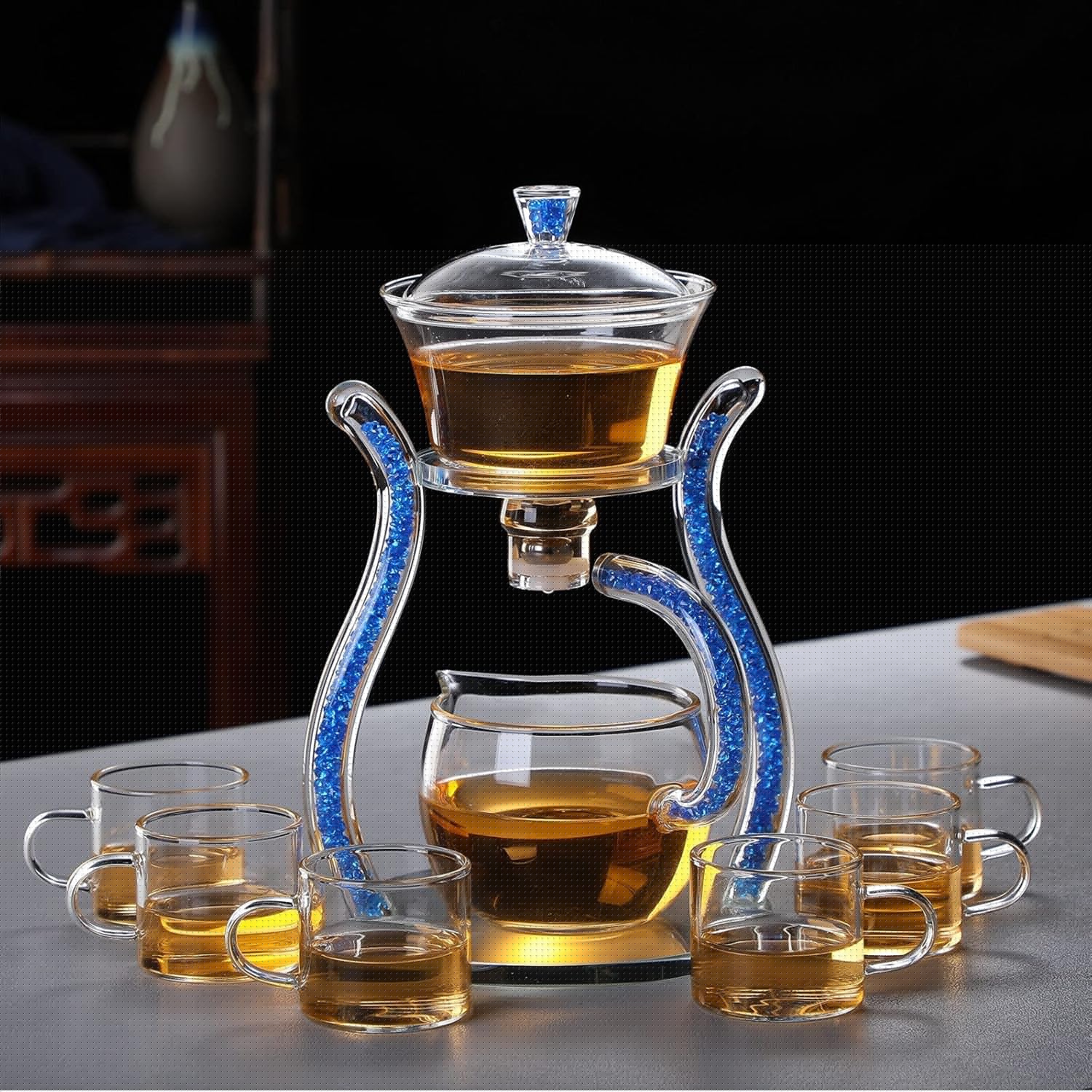 All-in-One Semi-automatic Glass Tea Set with Blue Accents - RORA