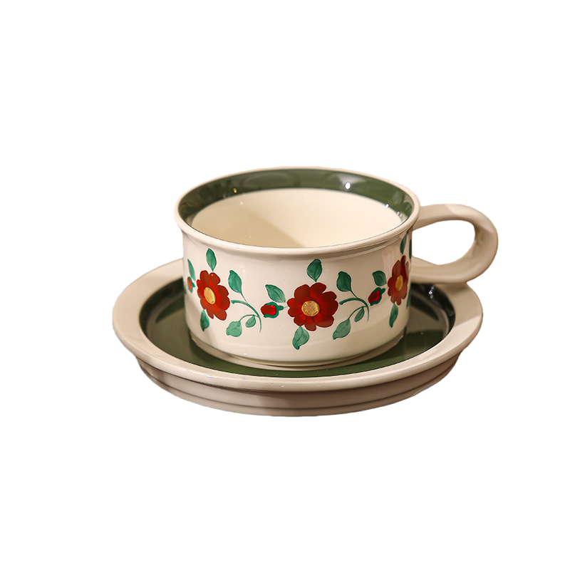 Vintage Red Floral Ceramic Cup and Saucer Set with Green Edges