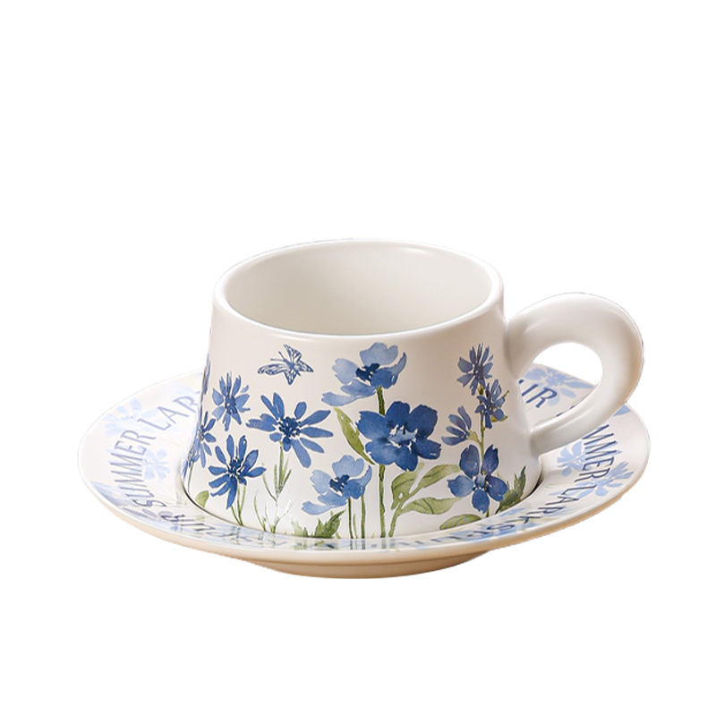 Blues Floral & Butterfly Watercolor Ceramic Cup and Saucer Set