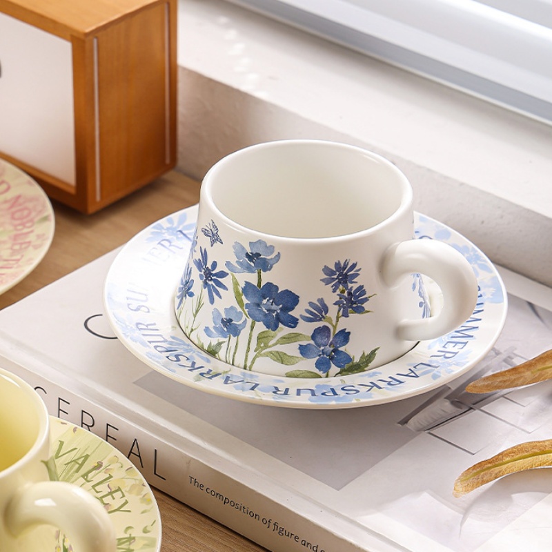 Blues Floral & Butterfly Watercolor Ceramic Cup and Saucer Set