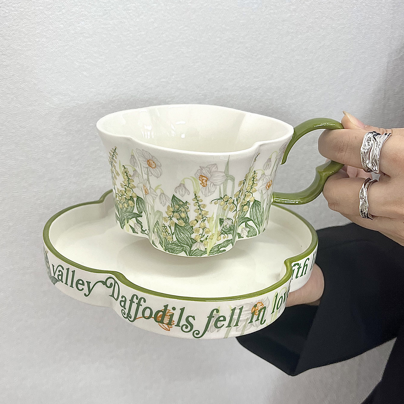 Daffodil and Lily of the Valley Ceramic Cup and Saucer Set