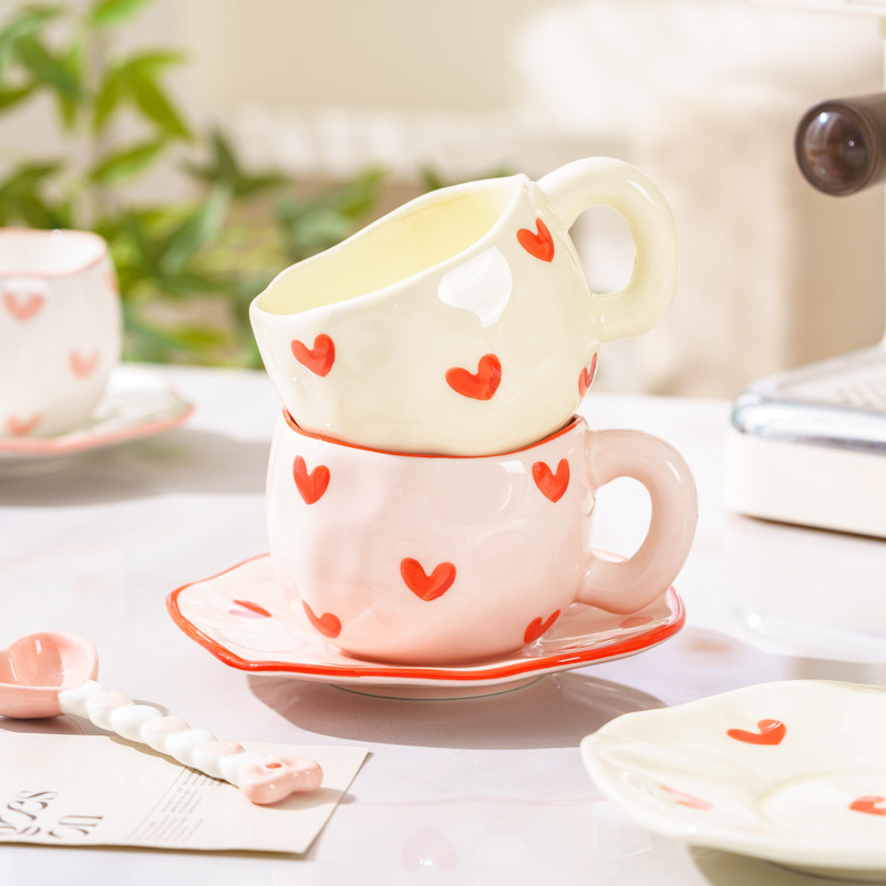 Heart Pattern Ceramic Cup and Saucer