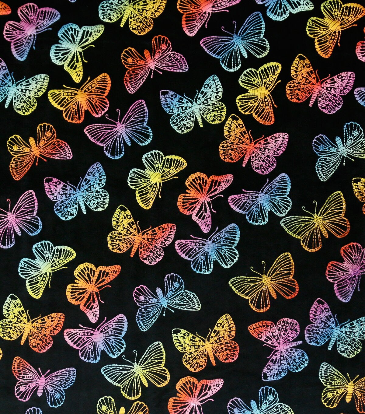 Multicolor Metallic Butterflies on Black Pure Plush Fleece Fabric
