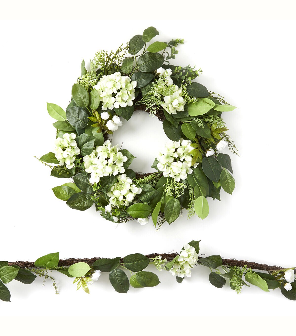 Hydrangea, Ranunculus & Leaf Coordinating Spring Wreath & Garland