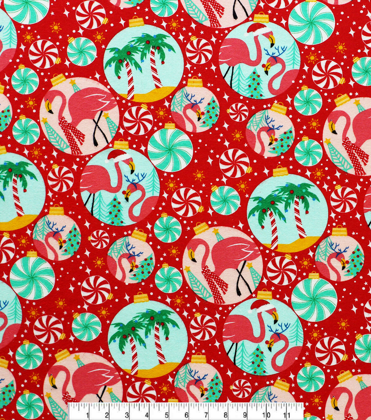Tropical Ornaments on Red Super Snuggle Christmas Flannel Fabric