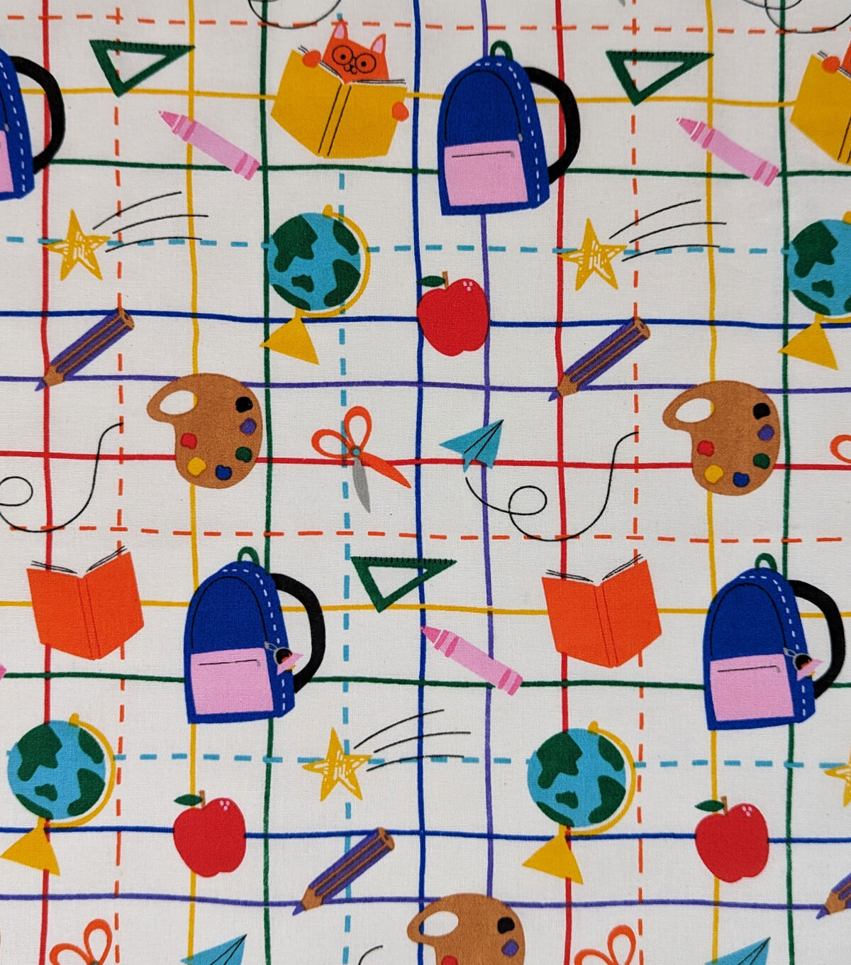 Multicolor School Supplies On Plaid Novelty Cotton Fabric by POP!