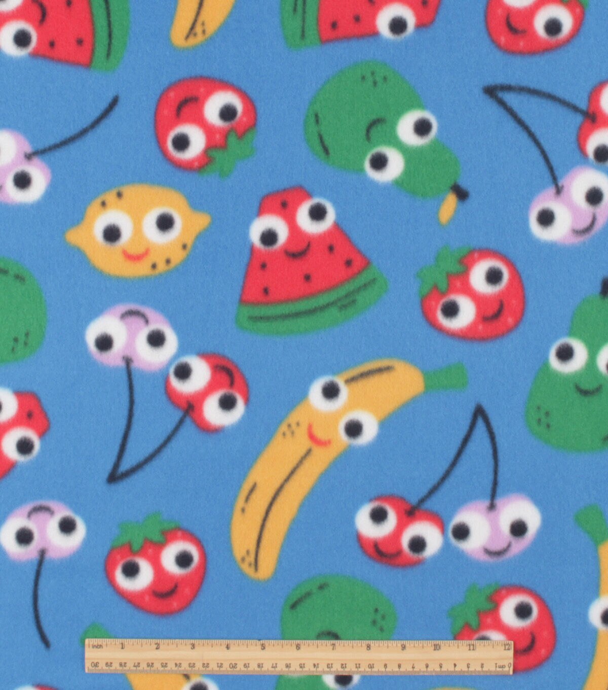 Googly Eye Fruit on Blue Blizzard Fleece Fabric