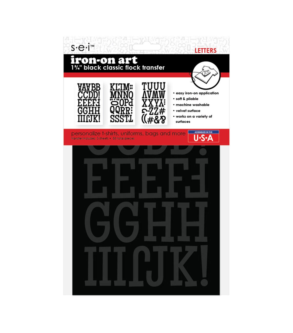 SEI 2 Black Iron On Art Classic Flock Transfer Letters 83ct