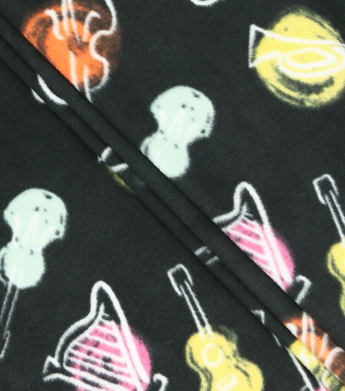 Watercolor Guitars on Black Anti Pill Fleece Fabric