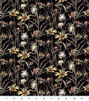 Goldfinch Thistle on Black Premium Cotton Fabric
