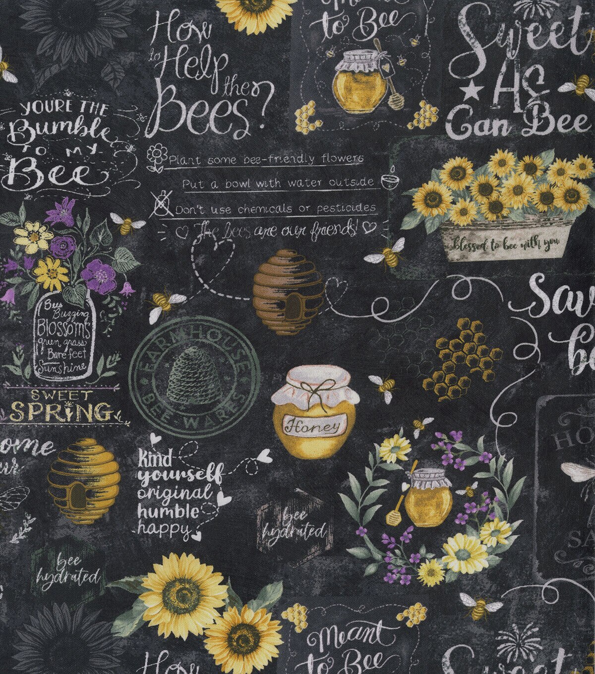 Hi Fashion Spring Bee Words on Black Premium Cotton Fabric