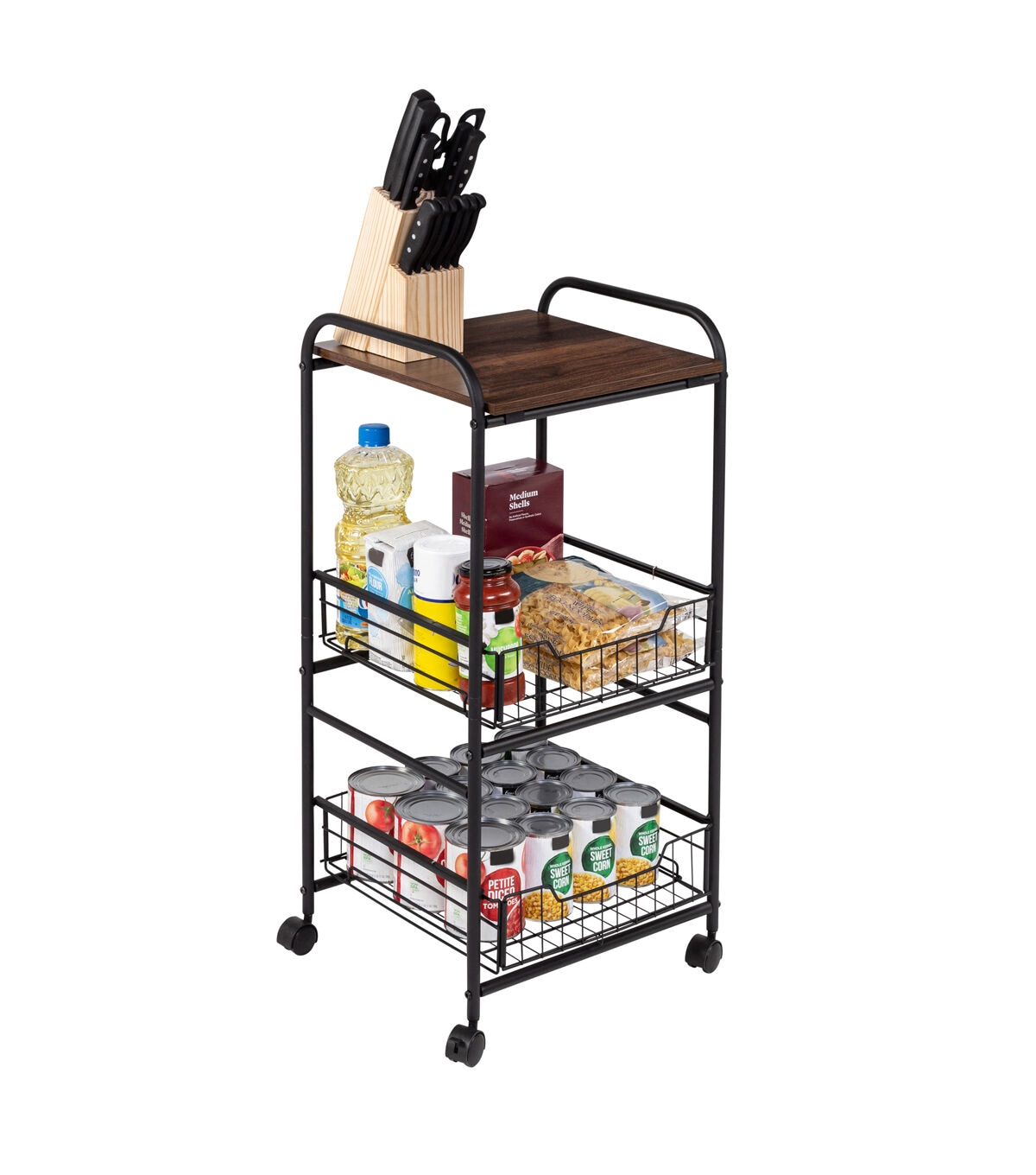 Honey Can Do 34 Black 3 Tier Slim Rolling Cart With Metal Baskets