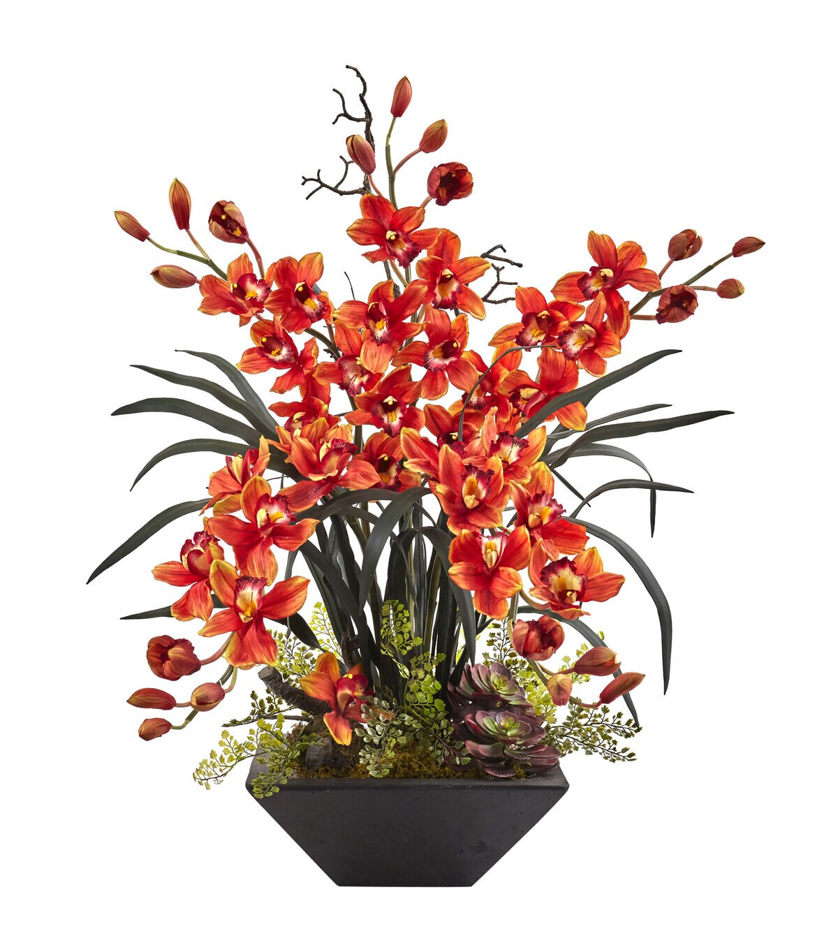Nearly Natural Silk Cymbidium & Orchid Arrangement in Black Vase-Orange