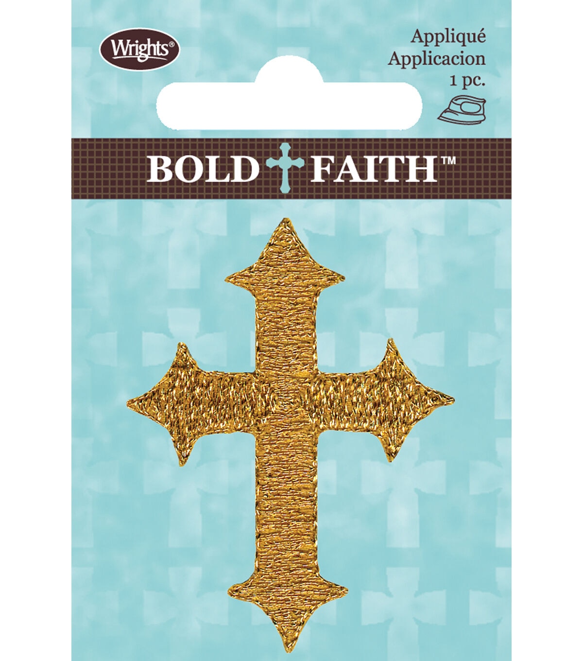 Wrights 2 x 1.5 Gold Bold Faith Nylon Cross Iron On Patch