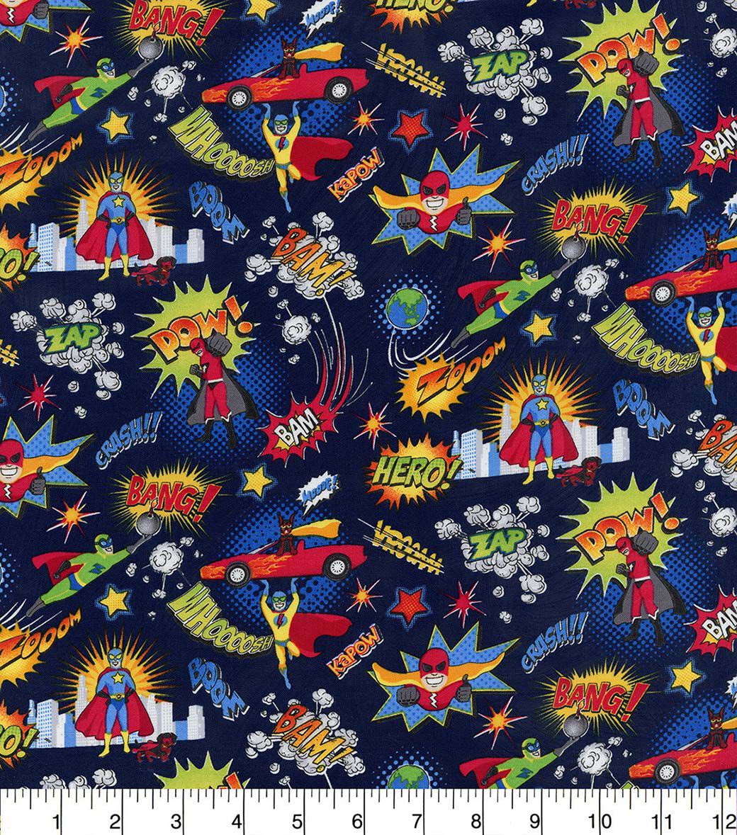 Hi Fashion Kapow! Bam! Pow! on Blue Novelty Cotton Fabric