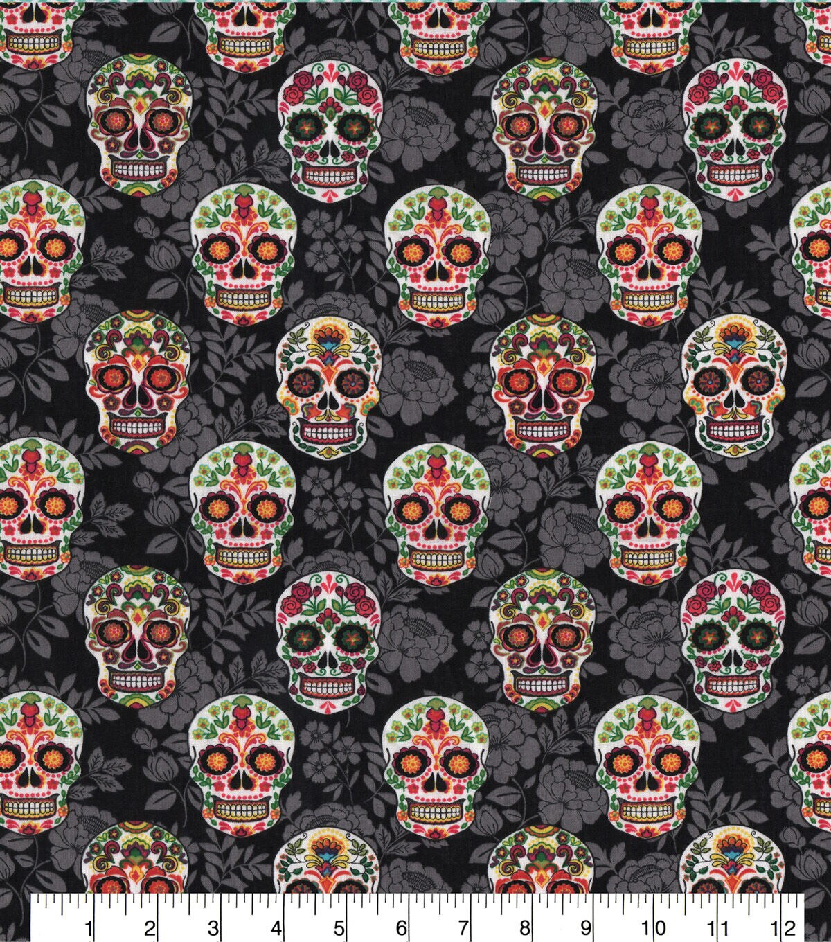 Novelty Cotton Fabric Decorative Skulls On Black Floral