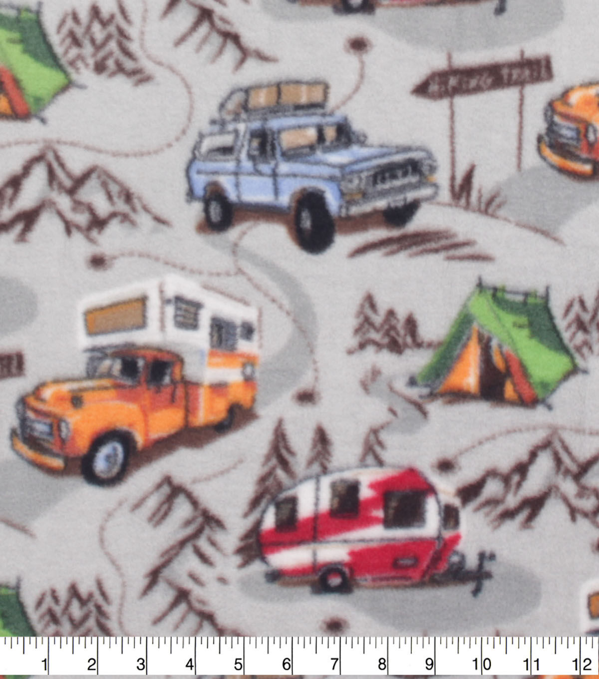 RV Campers on Gray Anti Pill Fleece Fabric