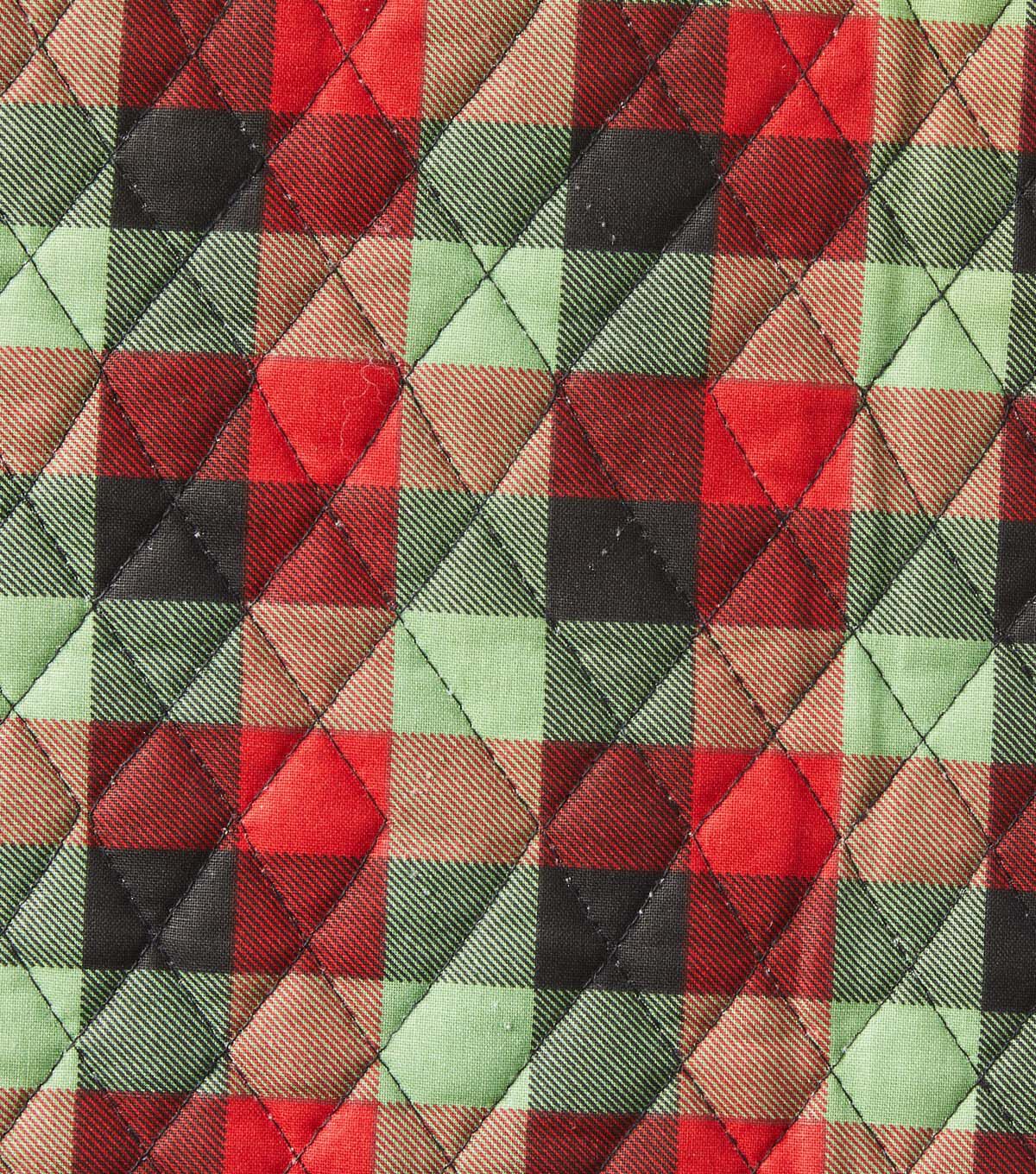 Holly & Buffalo Checks Double Faced Pre Quilted Christmas Cotton Fabric