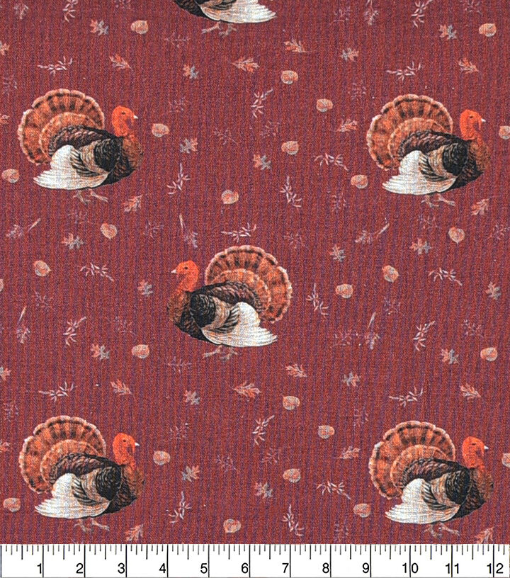 Turkeys On Maroon Cotton Fabric