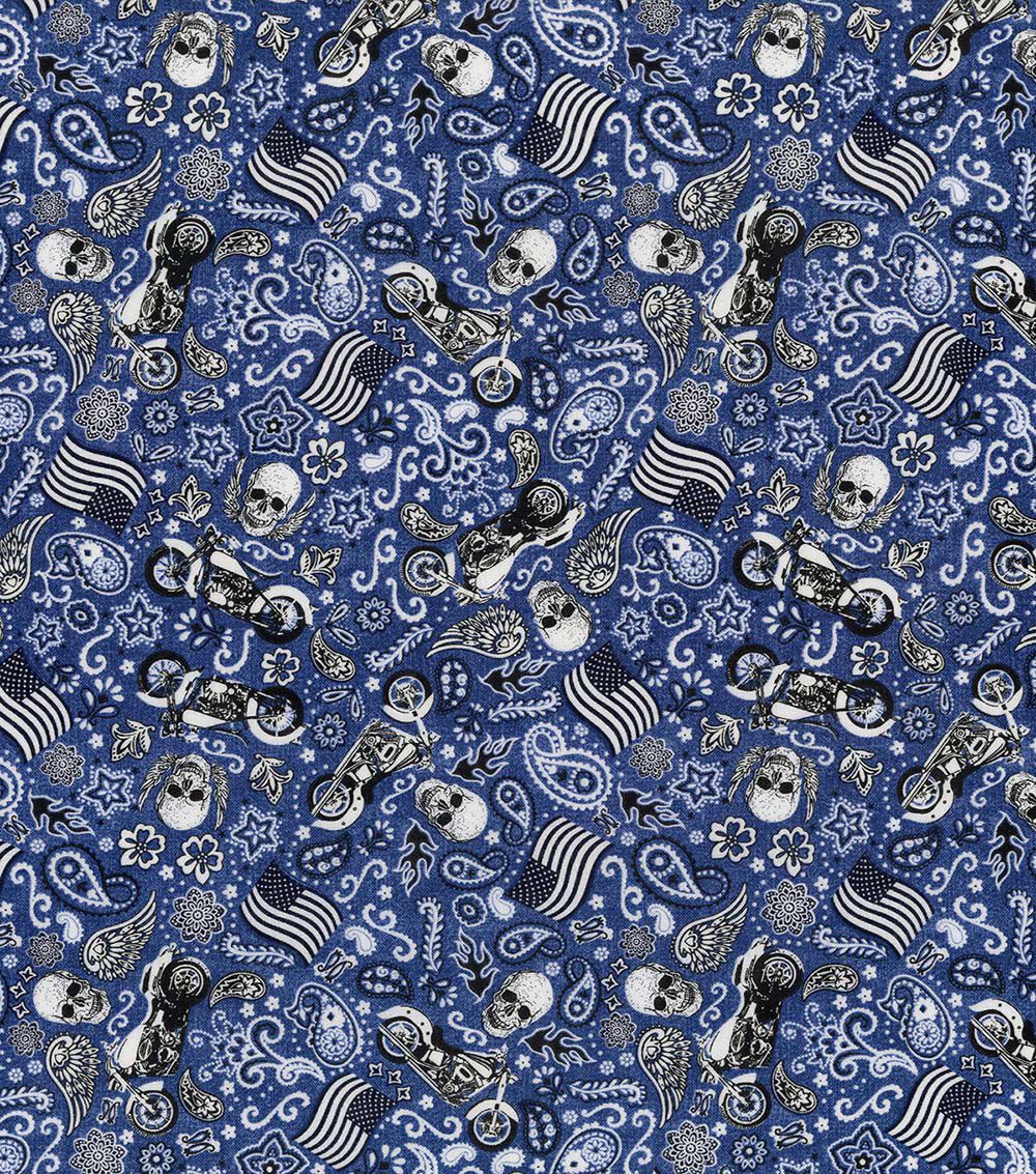 Hi Fashion Skull Bandana on Blue Novelty Cotton Fabric