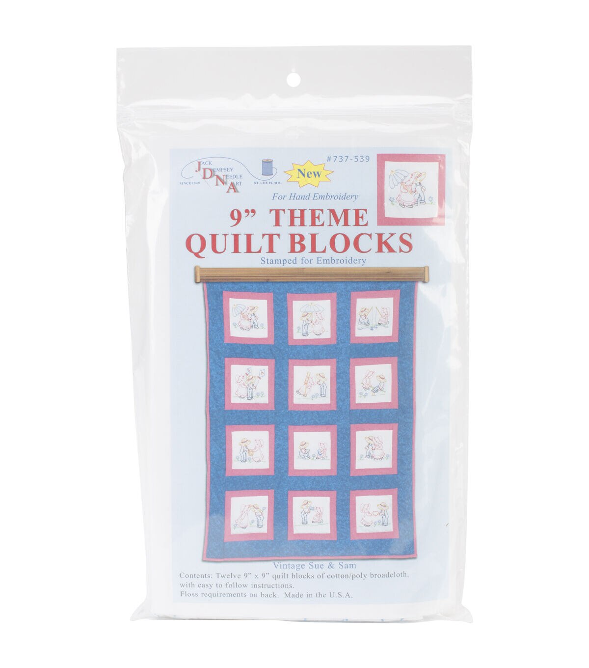 Jack Dempsey 9 Sunbonnet Sue & Sam Themed Stamped Quilt Blocks 12pk