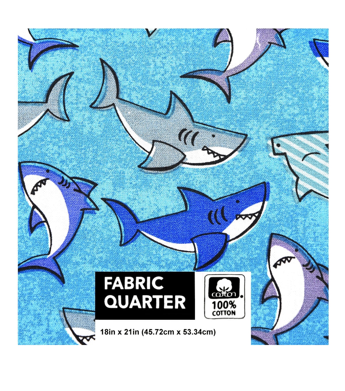 18 x 21 Sharks on Blue Novelty Cotton Fabric Quarter 1pc