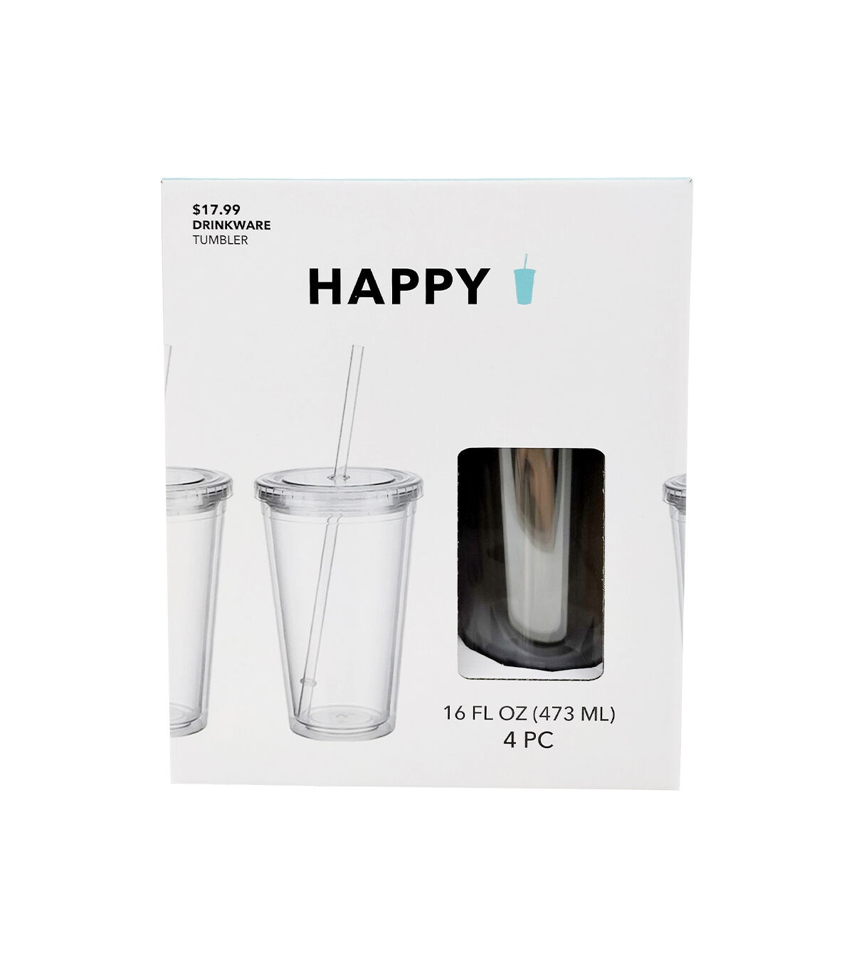 16oz Clear Plastic Tumbler Set With Straws 4pk by Happy
