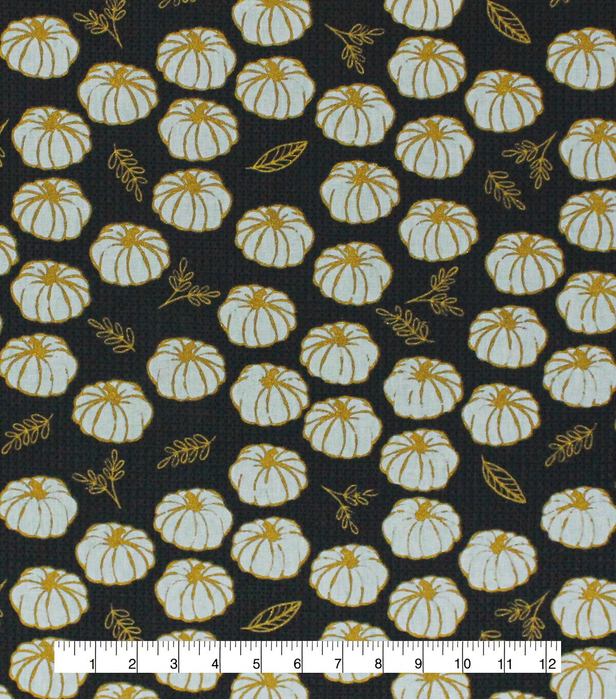 White Pumpkins on Gray Harvest Metallic Cotton Fabric