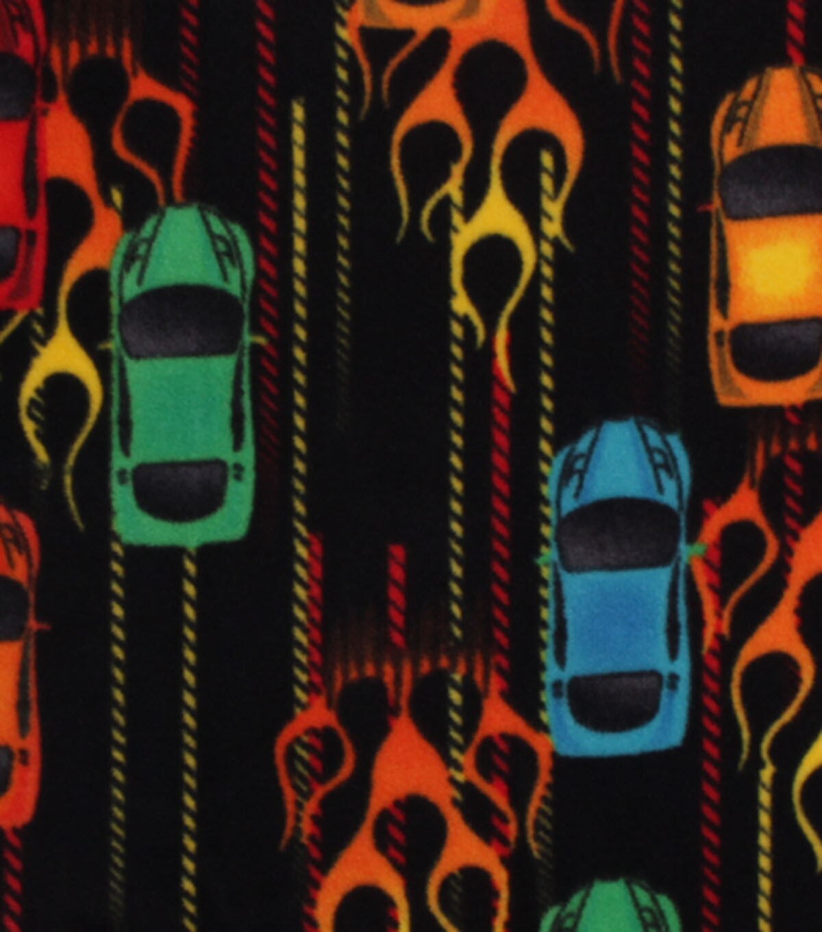 Fast Cars & Flames on Black Anti Pill Fleece Fabric