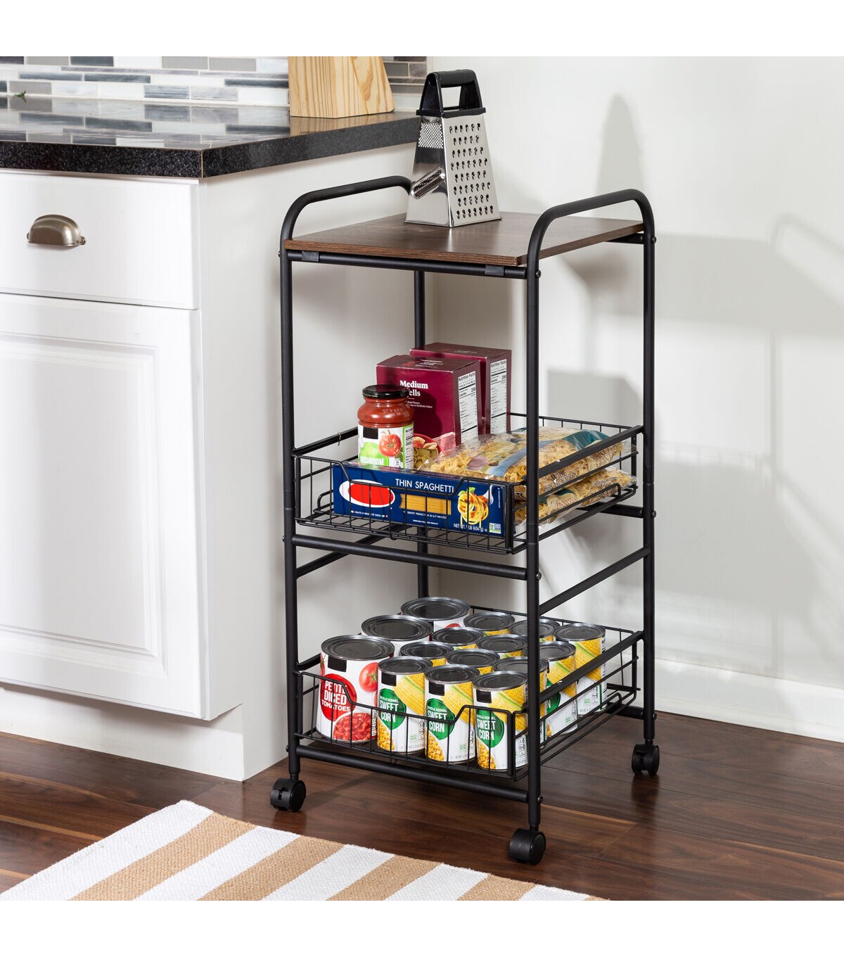 Honey Can Do 34 Black 3 Tier Slim Rolling Cart With Metal Baskets