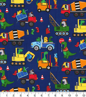 Dinosaurs & Trucks on Blue Novelty Cotton Fabric