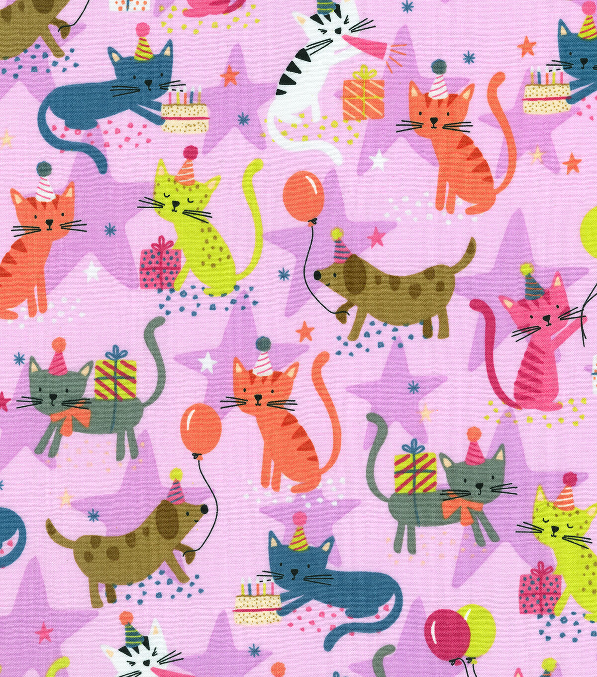Robert Kaufman Meow Party on Pink Novelty Cotton Fabric