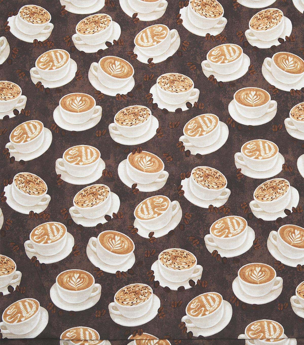 Coffee Cups on Brown Novelty Cotton Fabric