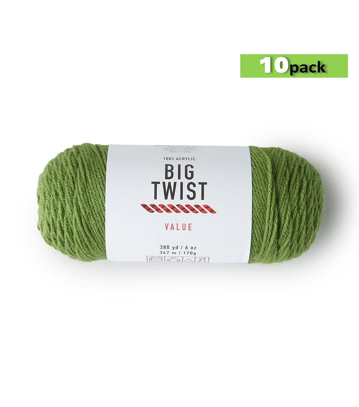 10pk Solid Lt Green Medium Weight Acrylic 380yd Value Yarn by Big Twist