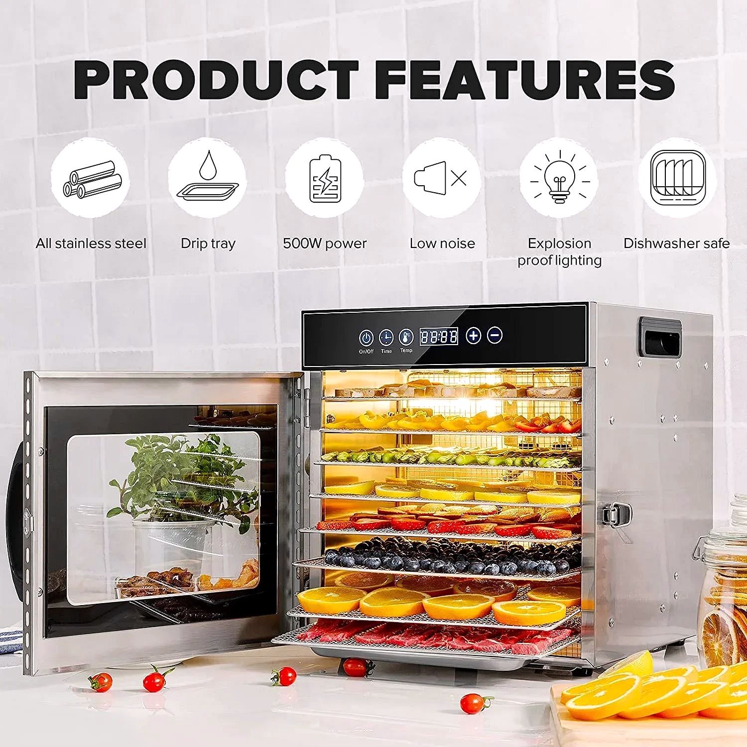 Stainless Steel Multi-Tray Food Dehydrator with Digital Timer & Adjustable Temperature Control