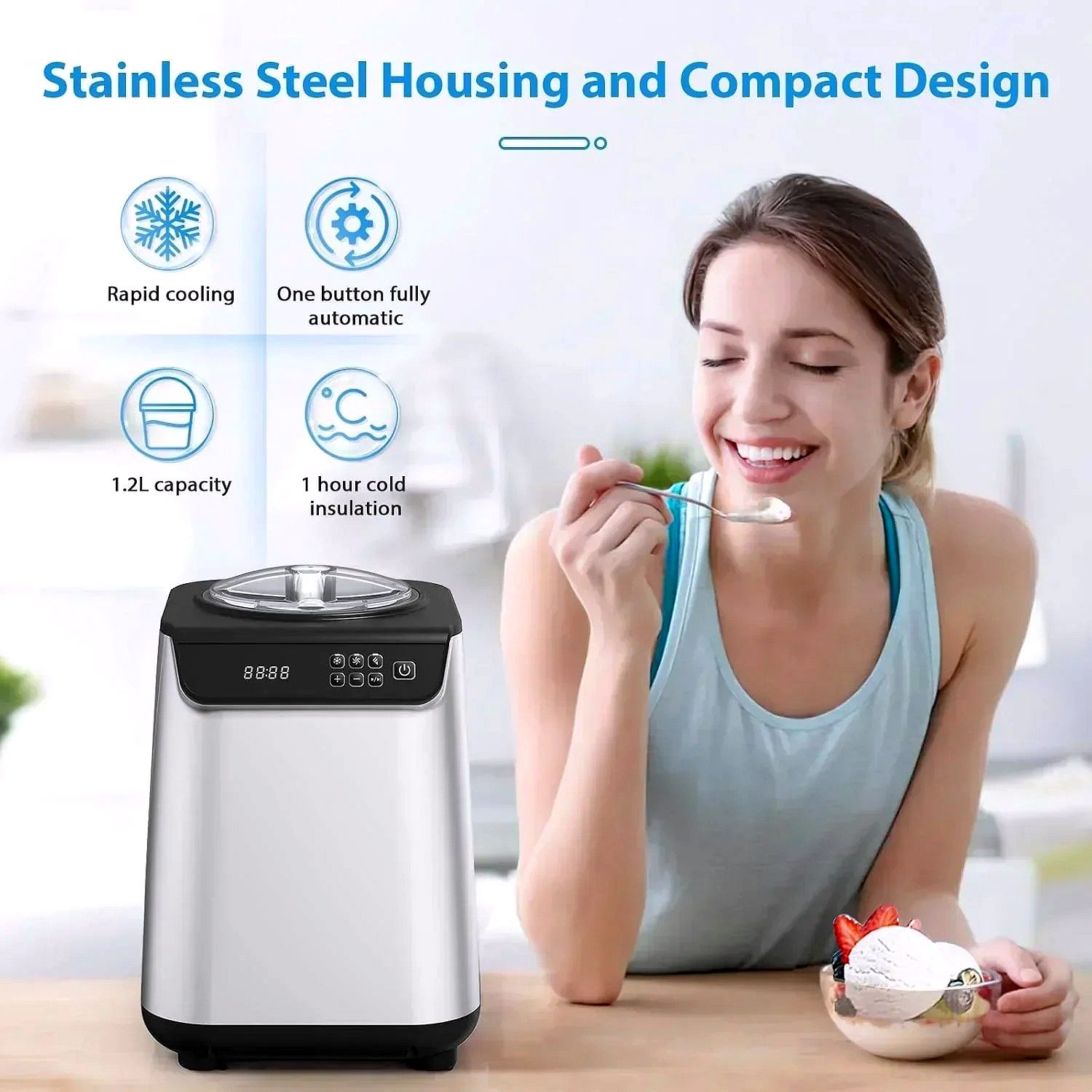 Star Upright Ice Cream Maker – 1.2L Stainless Steel Automatic Ice Cream Machine with LED Display, Gelato, Frozen Yogurt & Sorbet Modes