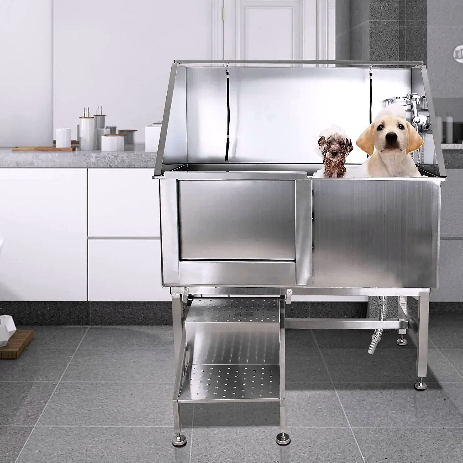 Professional Stainless Steel Dog Grooming Tub with Ramp, Faucet & Sprayer – 50” Pet Wash Station