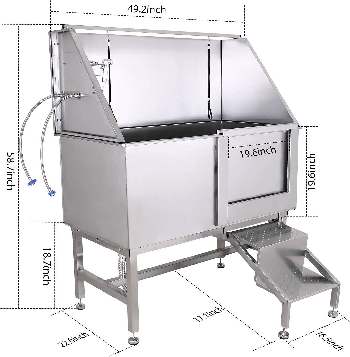 Professional Stainless Steel Dog Grooming Tub with Ramp, Faucet & Sprayer – 50” Pet Wash Station