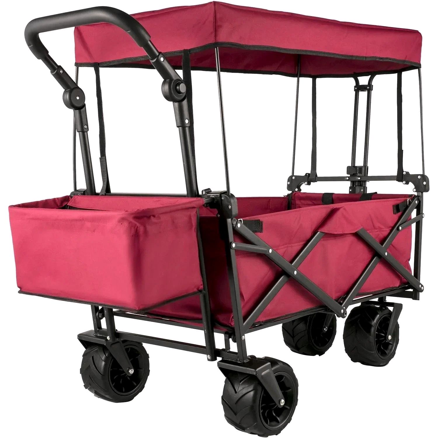 Red Collapsible Wagon Cart with Canopy – 360° Wheels, Adjustable Handles, 220 lbs Capacity