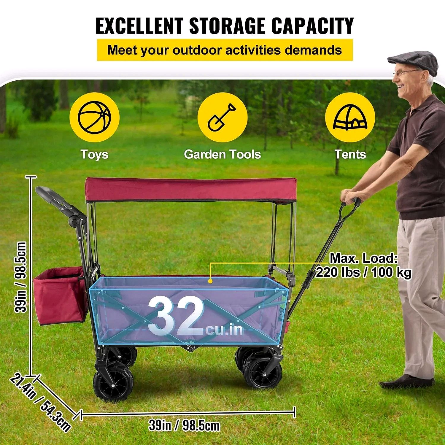 Red Collapsible Wagon Cart with Canopy – 360° Wheels, Adjustable Handles, 220 lbs Capacity