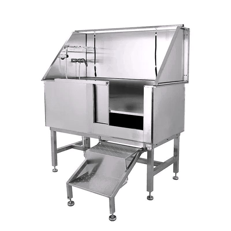 Professional Stainless Steel Dog Grooming Tub with Ramp, Faucet & Sprayer – 50” Pet Wash Station
