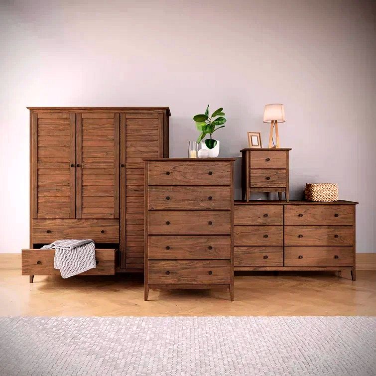 Solid Pine Wood Armoire with Louvered Doors & Deep Drawers – Coastal Inspired Wardrobe