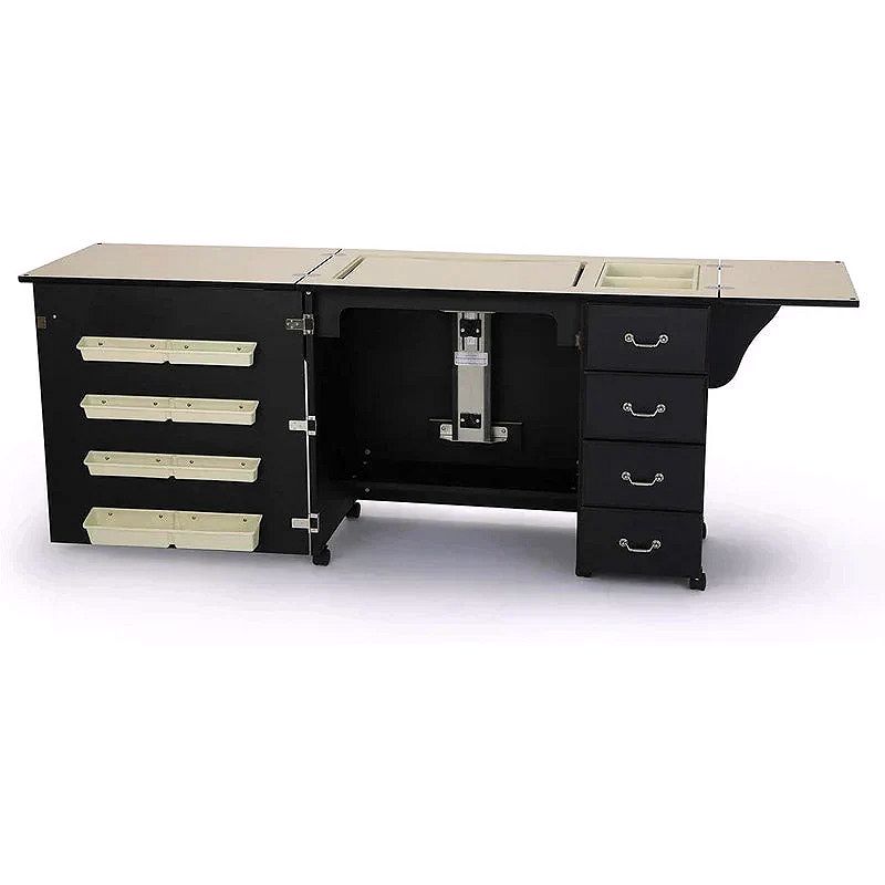 Heavy-Duty Sewing & Craft Cabinet with Airlift, Expandable Work Surface and Storage Drawers – Black Finish