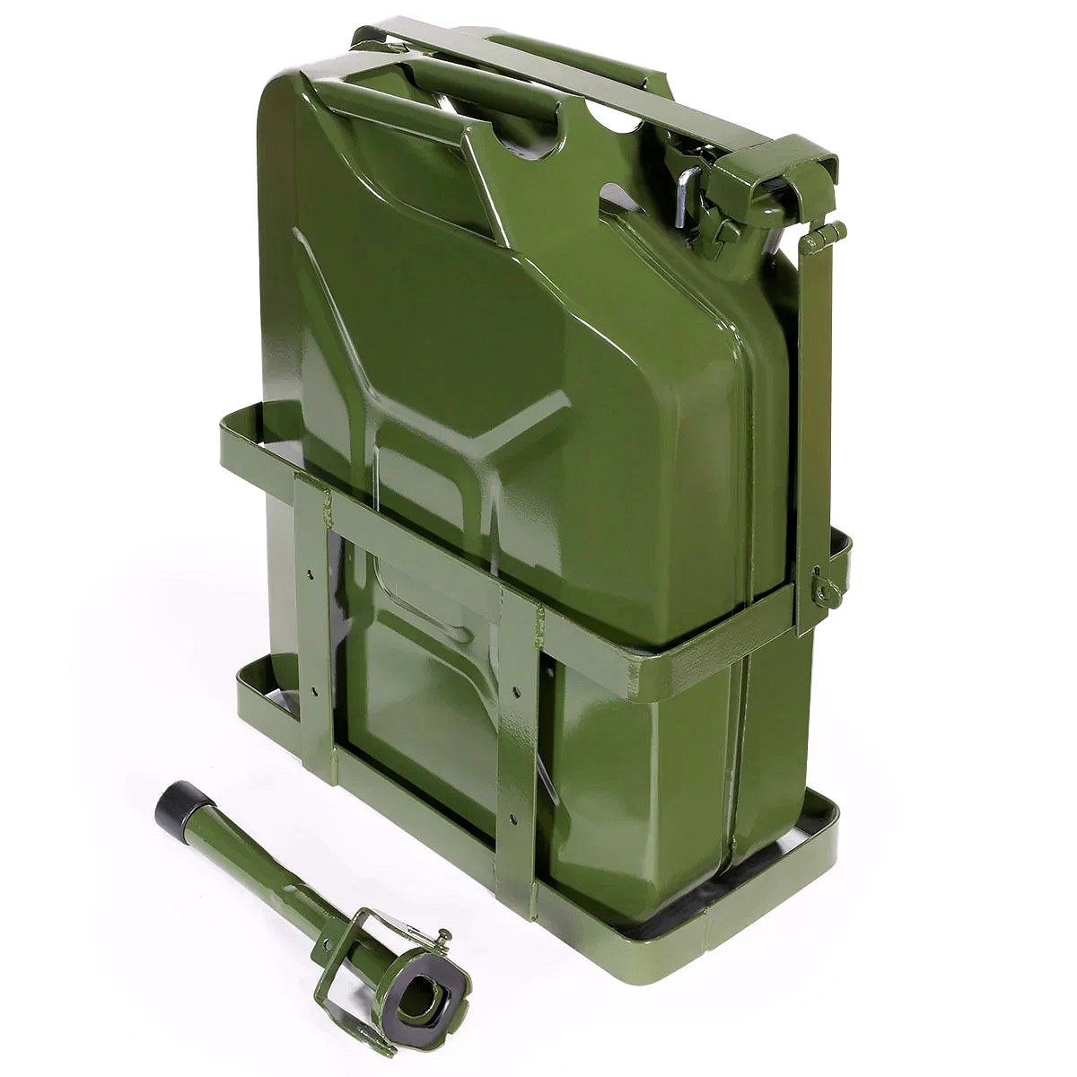 20L (5-Gallon) Steel Jerry Can – Gas & Diesel Fuel Tank with Green Holder and Mount