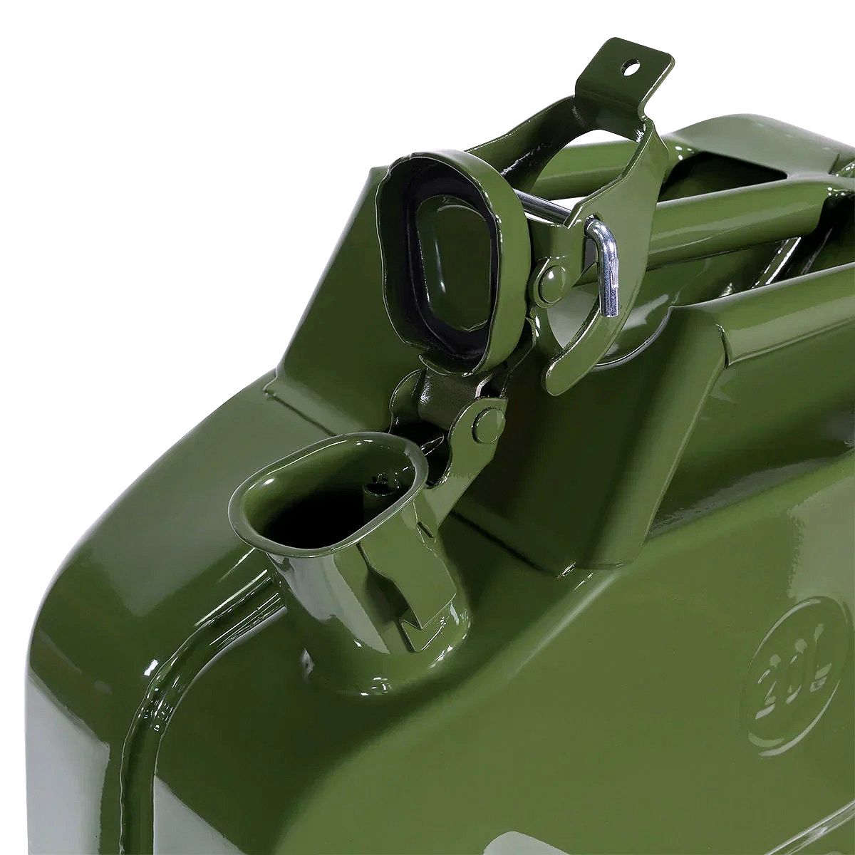 20L (5-Gallon) Steel Jerry Can – Gas & Diesel Fuel Tank with Green Holder and Mount