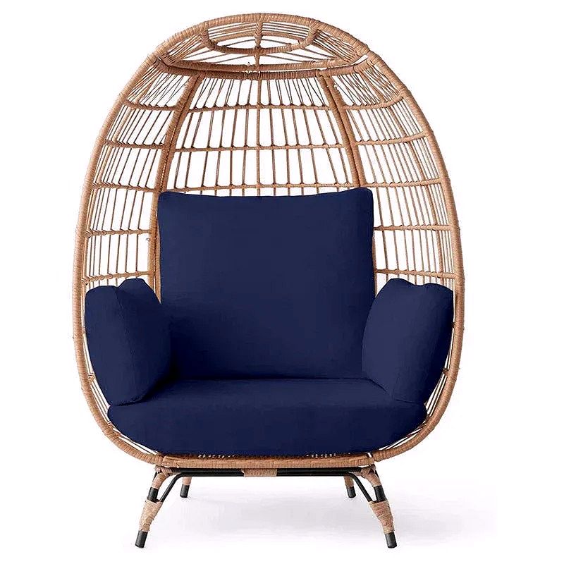 Ivory Wicker Egg Chair – Oversized Indoor Lounger with Cushions, 440 lb Capacity, Bohemian Style