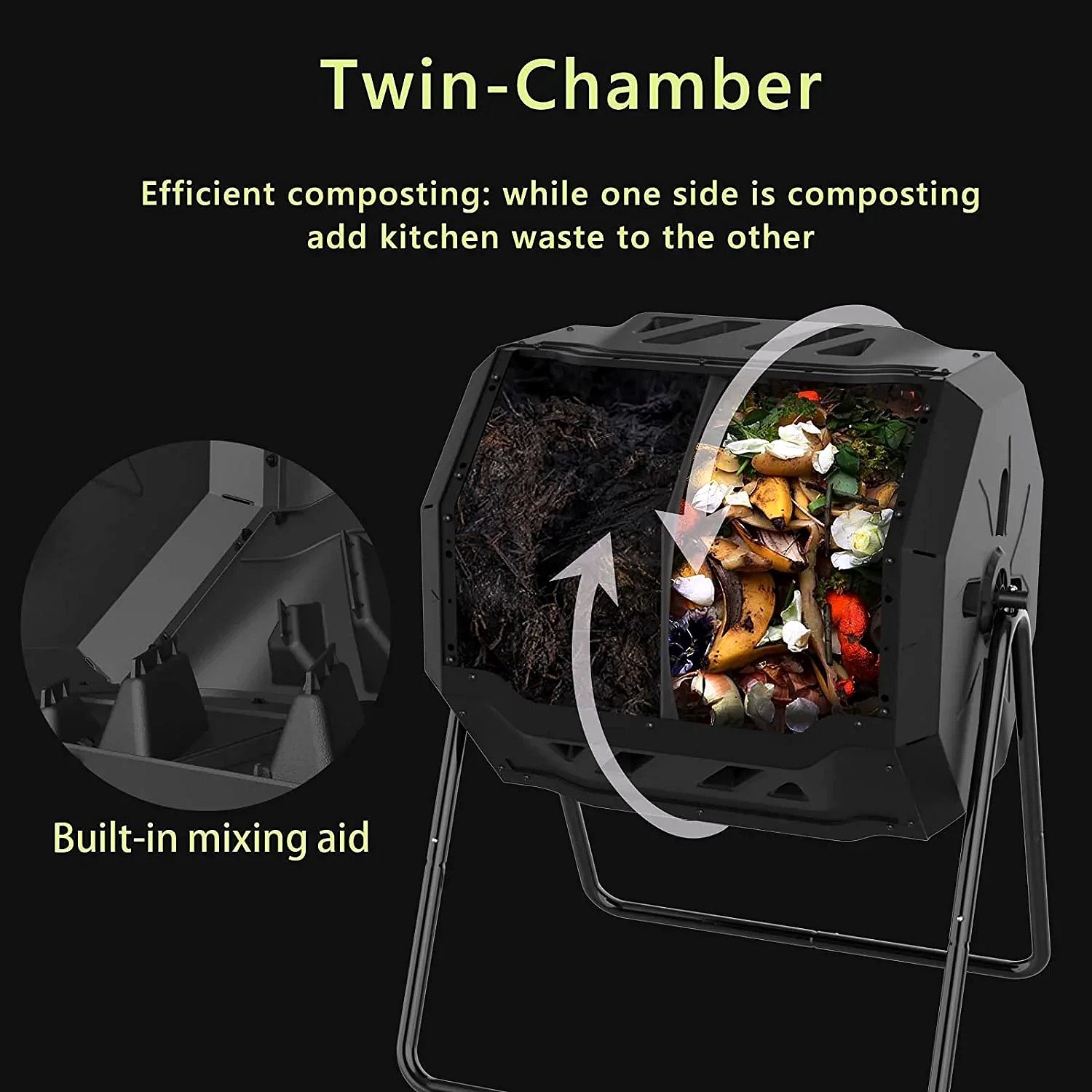 Large Dual-Compartment Compost Tumbler Bin – 43 Gallon (2 × 21.5 Gal), Blue Door, Sturdy Steel Frame