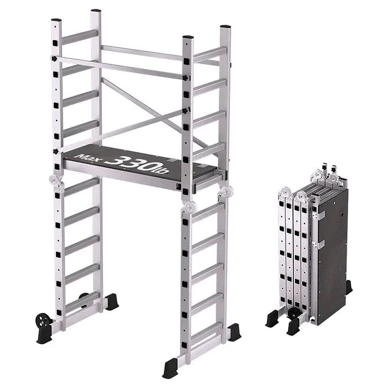 Foldable Aluminum Scaffolding Ladder – Multipurpose Rolling Work Platform, Adjustable Scaffold Tower & Ladder Bench, 330 lbs Capacity