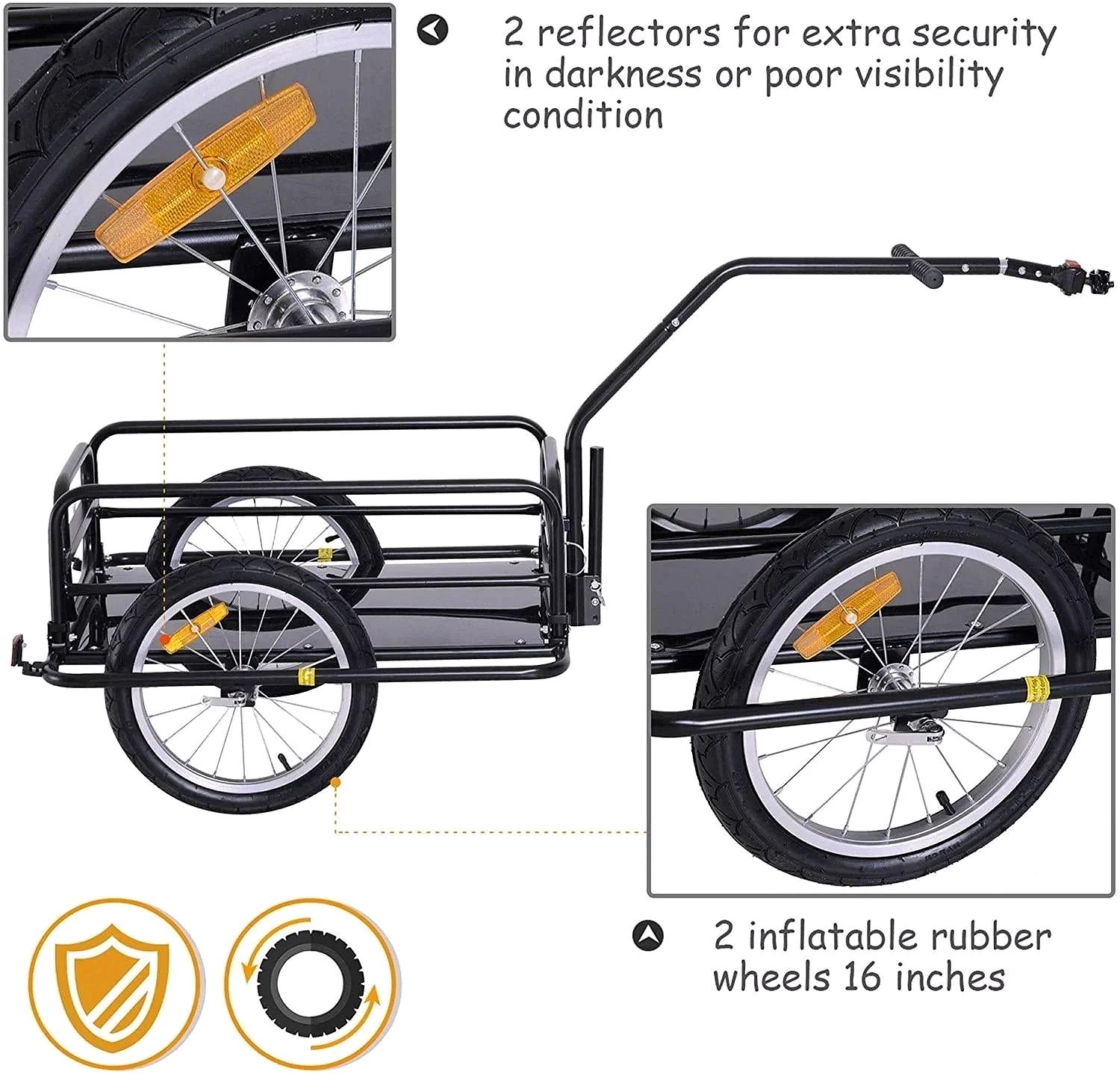 Foldable Bike Cargo Trailer – 80 lb Capacity, 16″ Wheels, Black, with Hitch